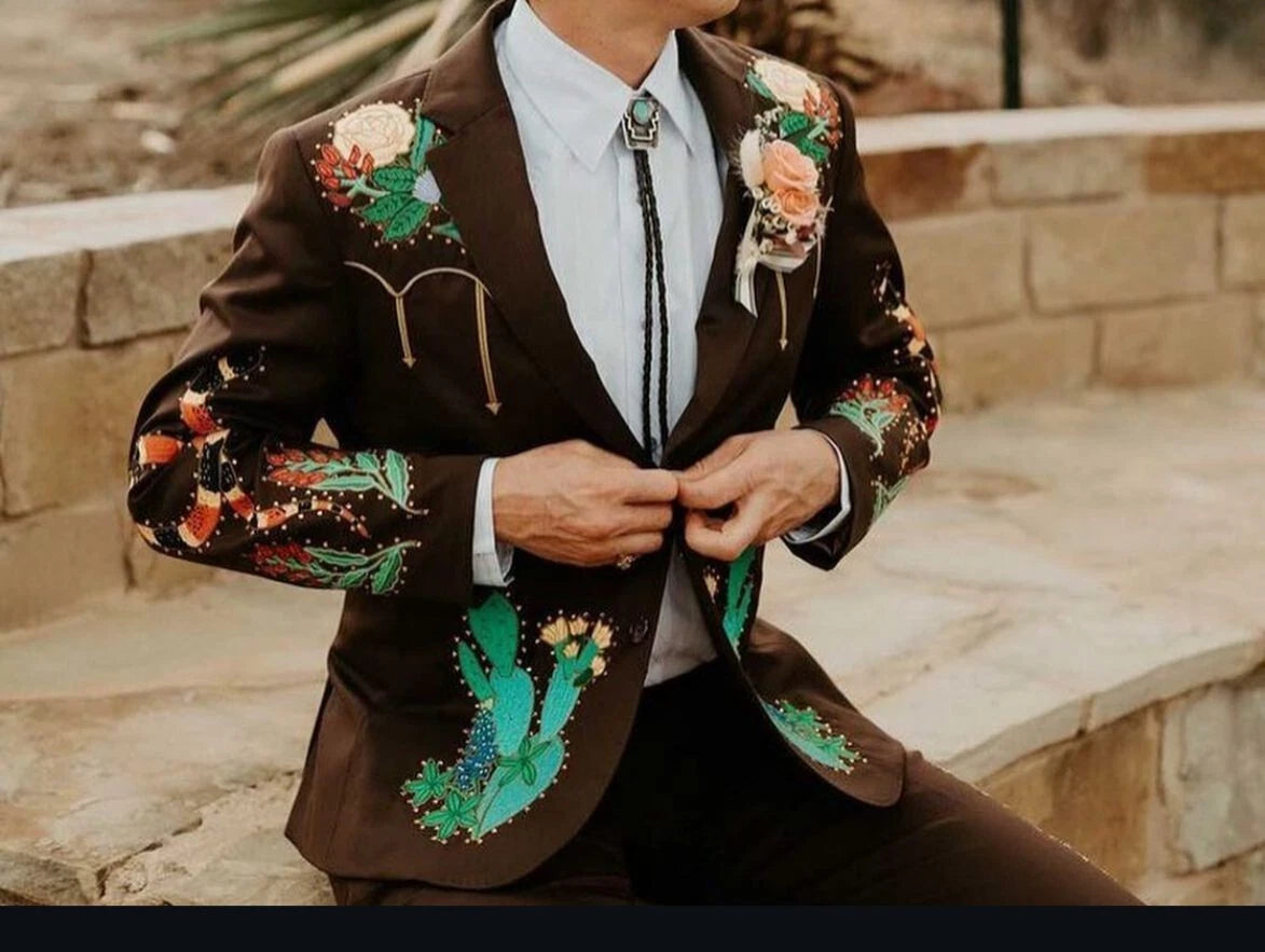 Brown Men's Customized Cowboy Embroidered 2 Pc Western Style Wedding Cocktail