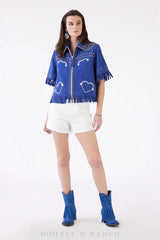 Handmade Cowgirl Embroidered Fringes Women Blue Shirt Casual Office Wear Travel