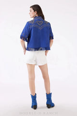Handmade Cowgirl Embroidered Fringes Women Blue Shirt Casual Office Wear Travel