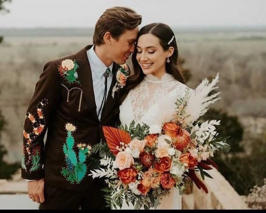 Brown Men's Customized Cowboy Embroidered 2 Pc Western Style Wedding Cocktail