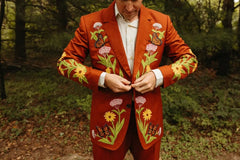 Men Customized Orange Floral Embroidered 2 PC Suit Wedding Cocktail Party Attire