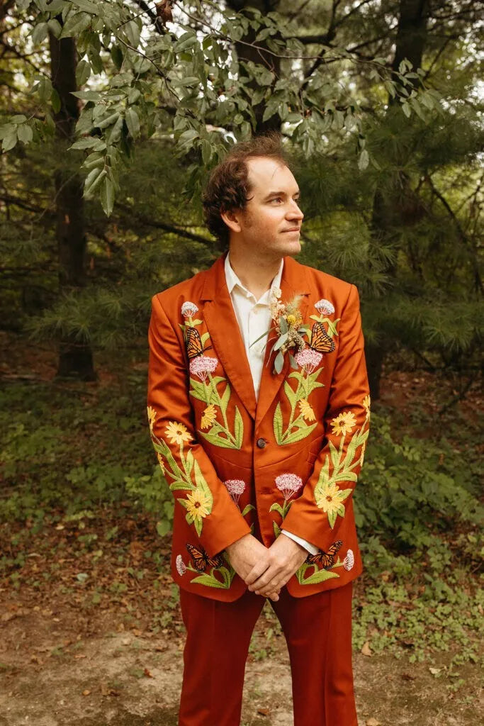 Men Customized Orange Floral Embroidered 2 PC Suit Wedding Cocktail Party Attire