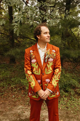 Men Customized Orange Floral Embroidered 2 PC Suit Wedding Cocktail Party Attire