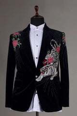 Black Bespoke Men's 2 Pc Velvet Embroidered Suit Valentine, Wedding Day Attire