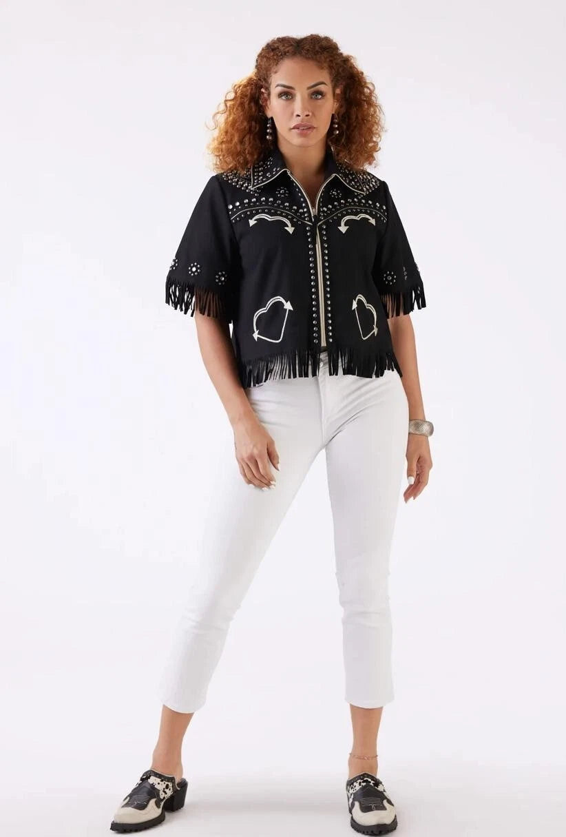 Handmade Black Cowgirl Embroidered Fringes Shirt Casual Office Wear Travel Wear