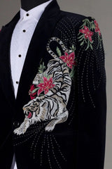 Black Bespoke Men's 2 Pc Velvet Embroidered Suit Valentine, Wedding Day Attire