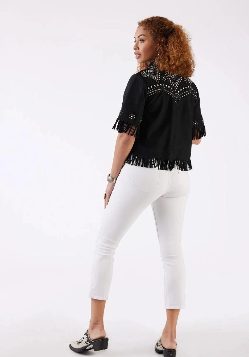 Handmade Black Cowgirl Embroidered Fringes Shirt Casual Office Wear Travel Wear