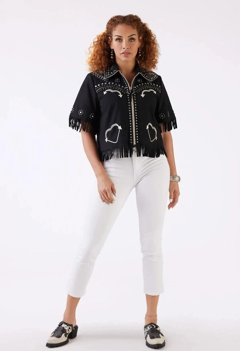 Handmade Black Cowgirl Embroidered Fringes Shirt Casual Office Wear Travel Wear