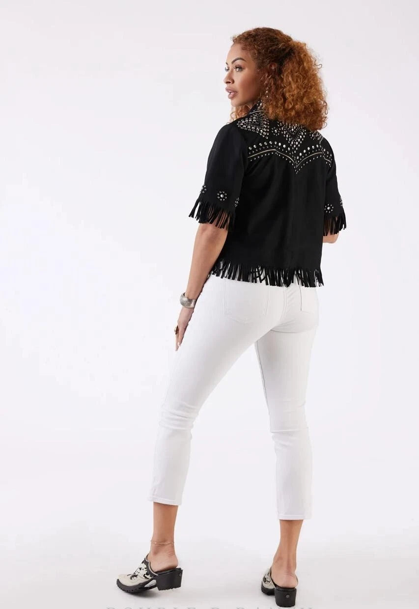 Handmade Black Cowgirl Embroidered Fringes Shirt Casual Office Wear Travel Wear