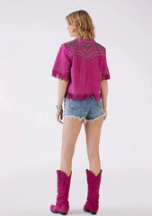 Women Custom Cowgirl Embroidered Fringes Pink Shirt Casual Office Wear Travel