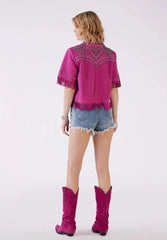 Women Custom Cowgirl Embroidered Fringes Pink Shirt Casual Office Wear Travel