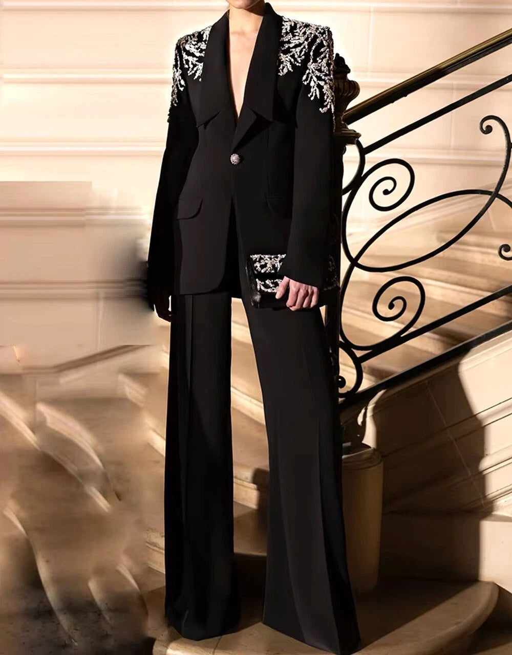 Customized Black Women 2 Pc Embellished Suit Wedding Cocktail Prom Party Attire