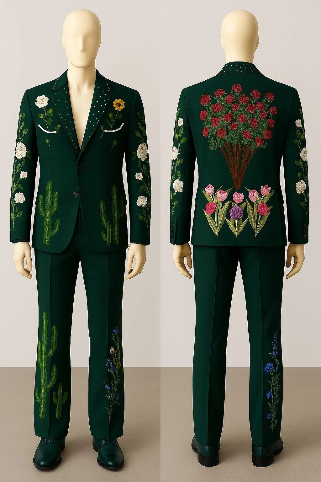 Green Vintage Western Nudie-Style Rhinestone Floral Cowboy 2 Pc Suit Wedding