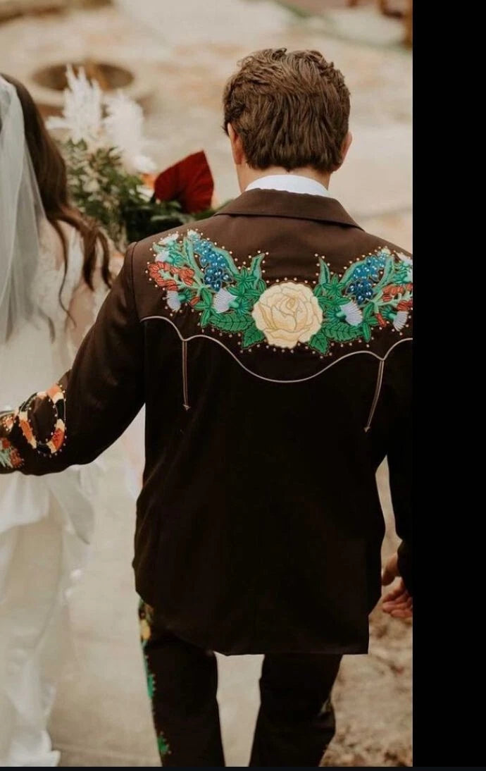 Brown Men's Customized Cowboy Embroidered 2 Pc Western Style Wedding Cocktail