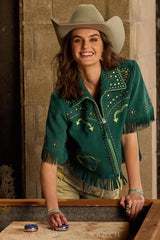 Handmade Cowgirl Embroidered Fringes Women Green Shirt Travel Casual Office Wear
