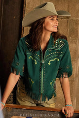 Handmade Cowgirl Embroidered Fringes Women Green Shirt Travel Casual Office Wear