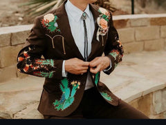 Brown Men's Customized Cowboy Embroidered 2 Pc Western Style Wedding Cocktail